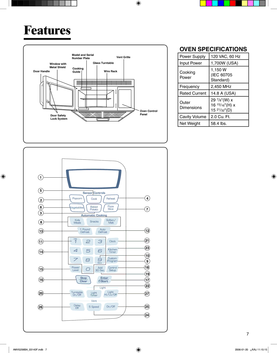 Amana AMV5206BA important safety instructions Features, Oven Specifications 