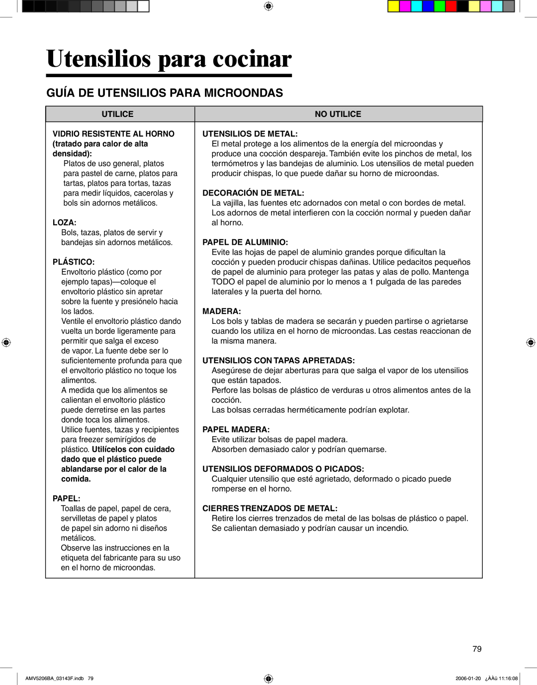 Amana AMV5206BA important safety instructions Utensilios para cocinar, Guía DE Utensilios Para Microondas 