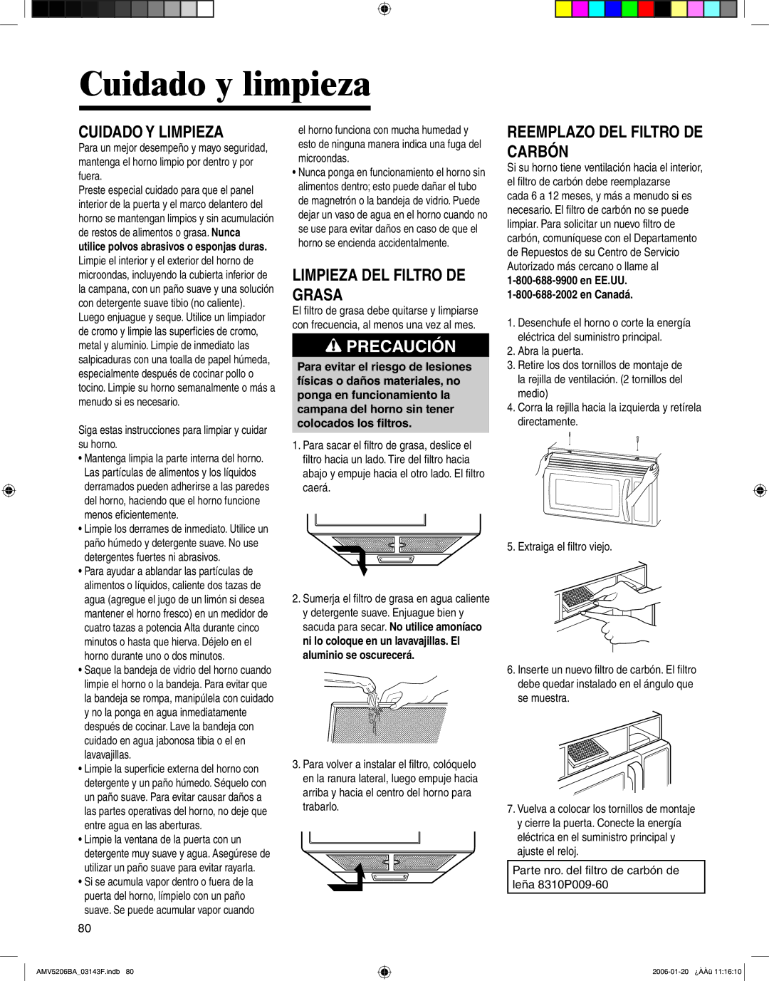 Amana AMV5206BA Cuidado y limpieza, Cuidado Y Limpieza, Limpieza DEL Filtro DE Grasa, Reemplazo DEL Filtro DE Carbón 