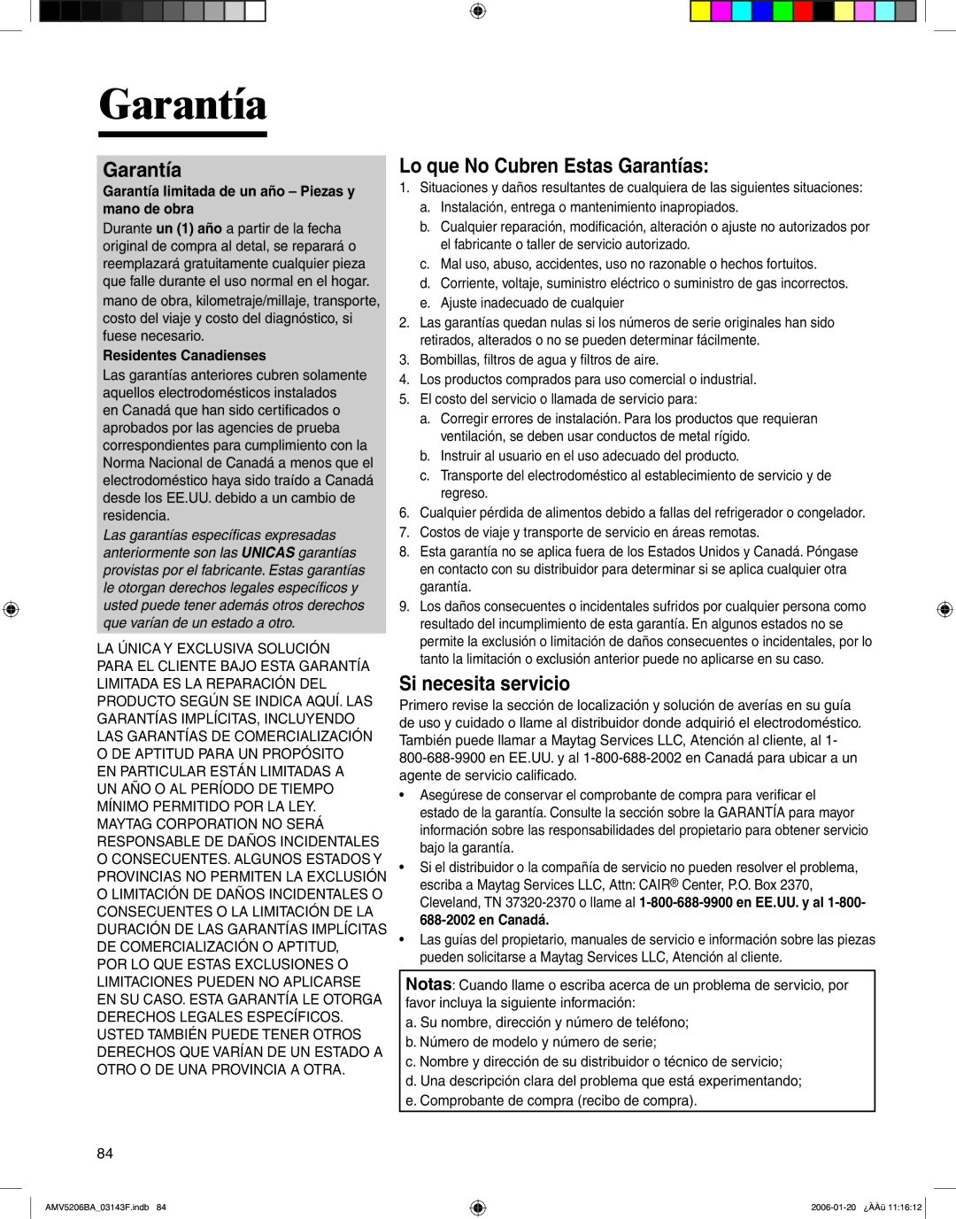 Amana AMV5206BA important safety instructions Garantía limitada de un año Piezas y mano de obra, Residentes Canadienses 