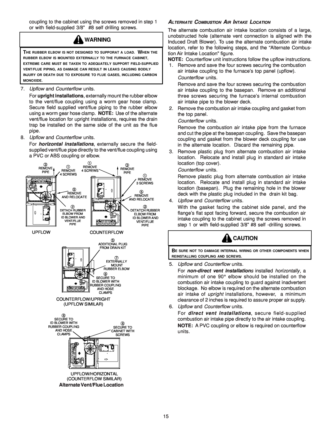 Amana ACV9, AMV9 installation instructions Upflow and Counterflow units, Alternate Vent/Flue Location 
