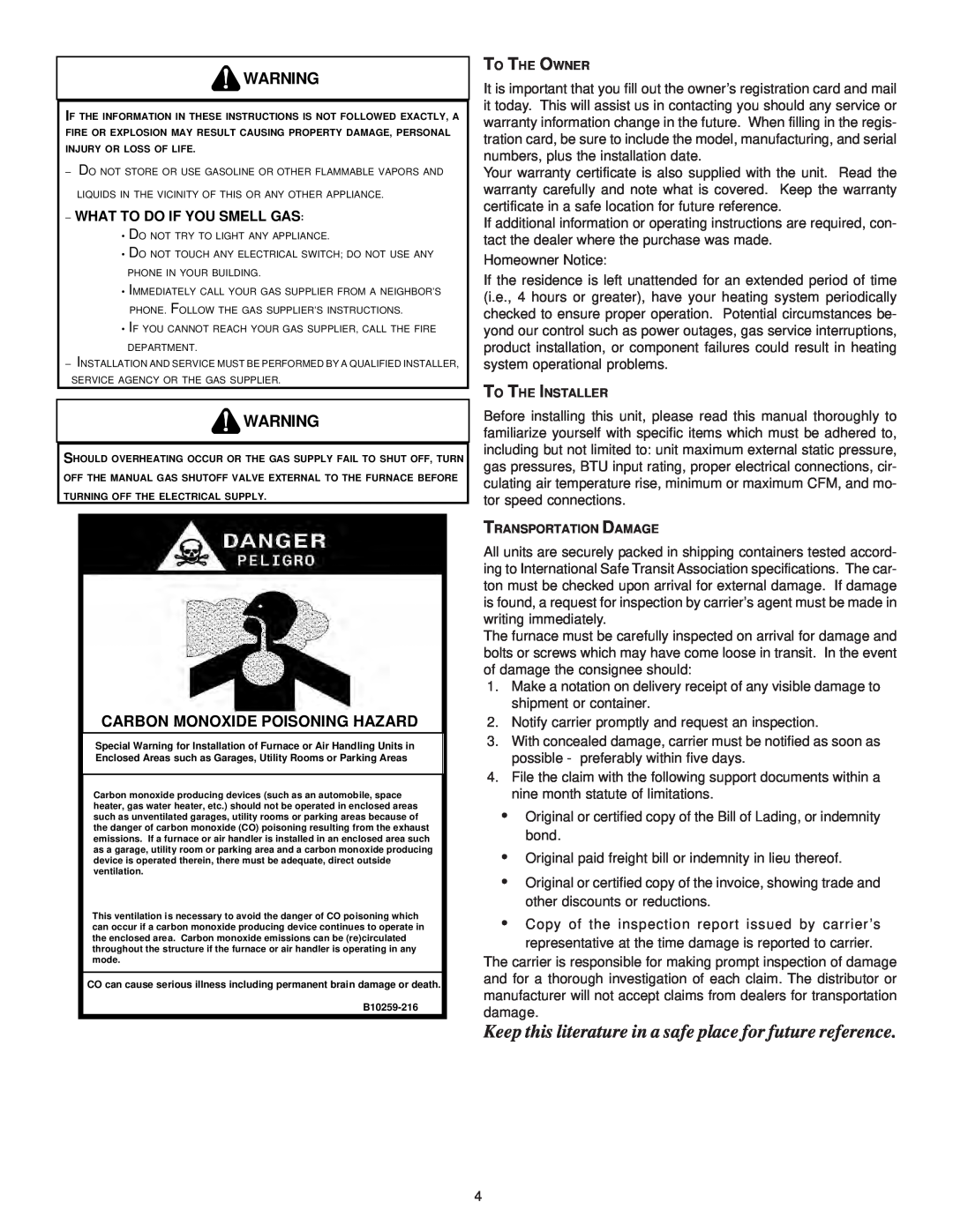 Amana AMV9, ACV9 installation instructions Carbon Monoxide Poisoning Hazard, What To Do If You Smell Gas 