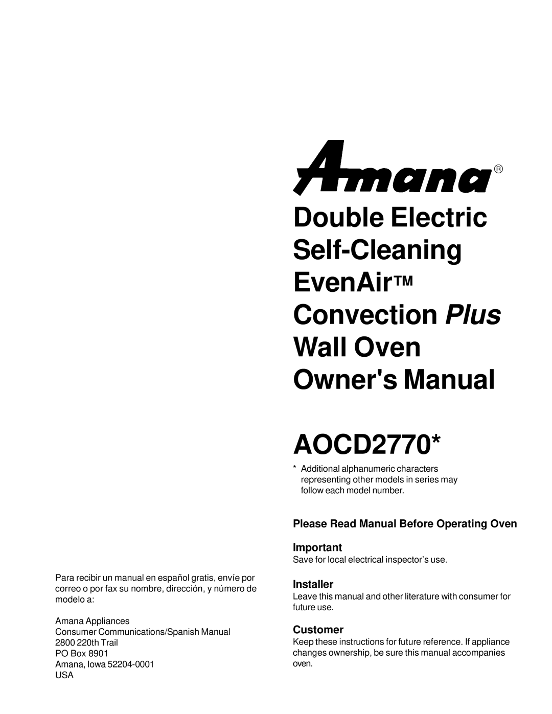 Amana AOCD2770 owner manual Please Read Manual Before Operating Oven, Installer, Customer 