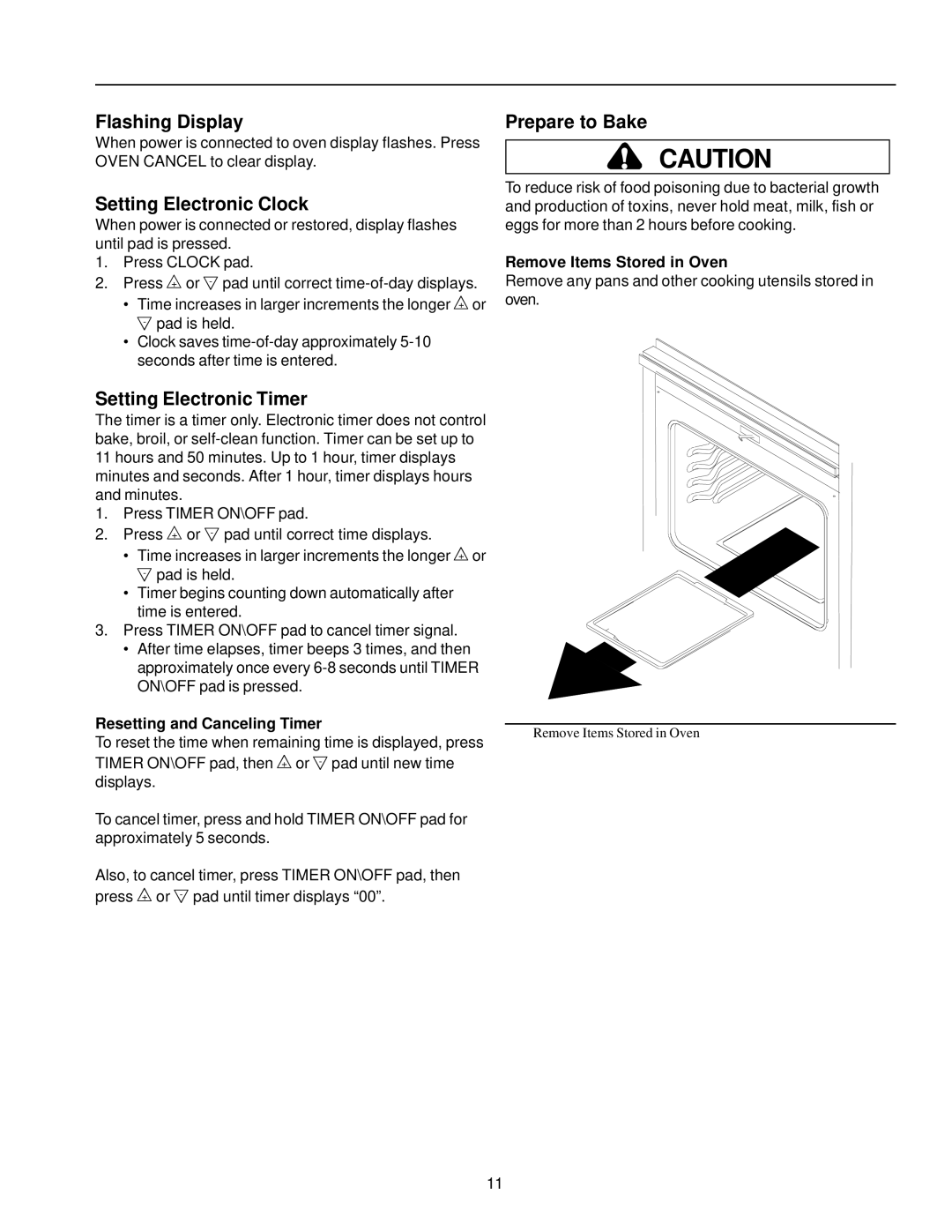 Amana AOCD2770 owner manual Flashing Display, Setting Electronic Clock, Setting Electronic Timer, Prepare to Bake 