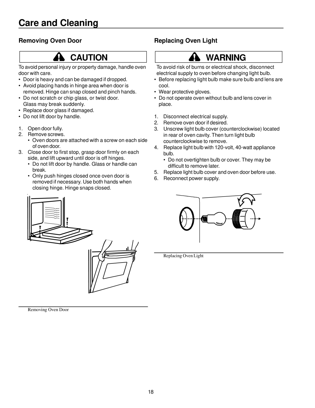 Amana AOCD2770 owner manual Care and Cleaning, Removing Oven Door Replacing Oven Light 