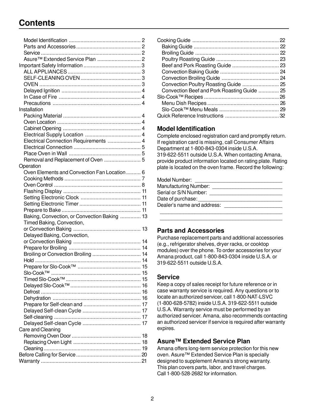 Amana AOCD2770 owner manual Contents 