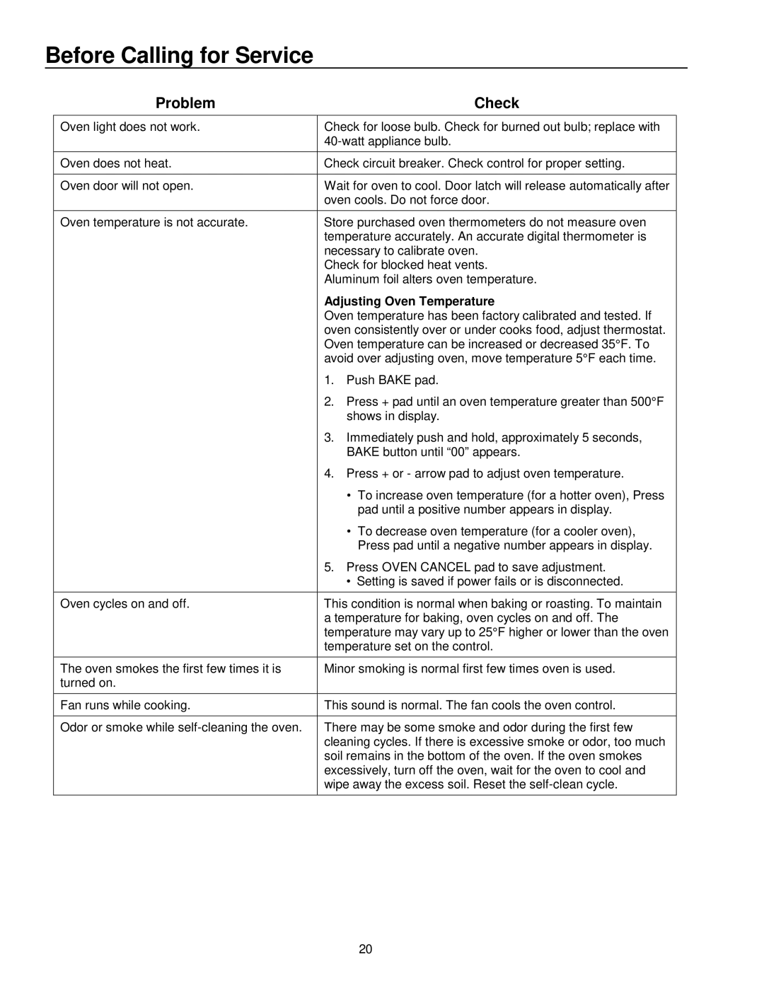 Amana AOCD2770 owner manual Before Calling for Service, Problem Check, Adjusting Oven Temperature 