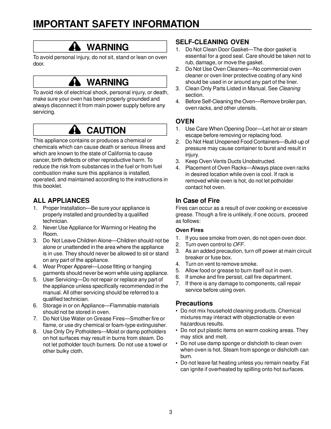 Amana AOCD2770 owner manual Case of Fire, Precautions, Oven Fires 