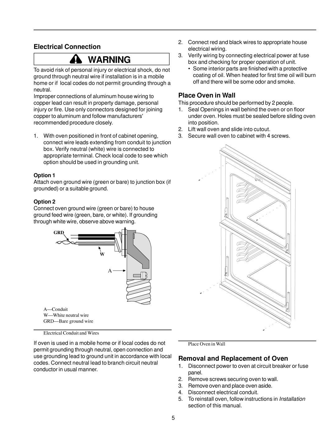 Amana AOCD2770 owner manual Electrical Connection, Place Oven in Wall, Removal and Replacement of Oven, Option 