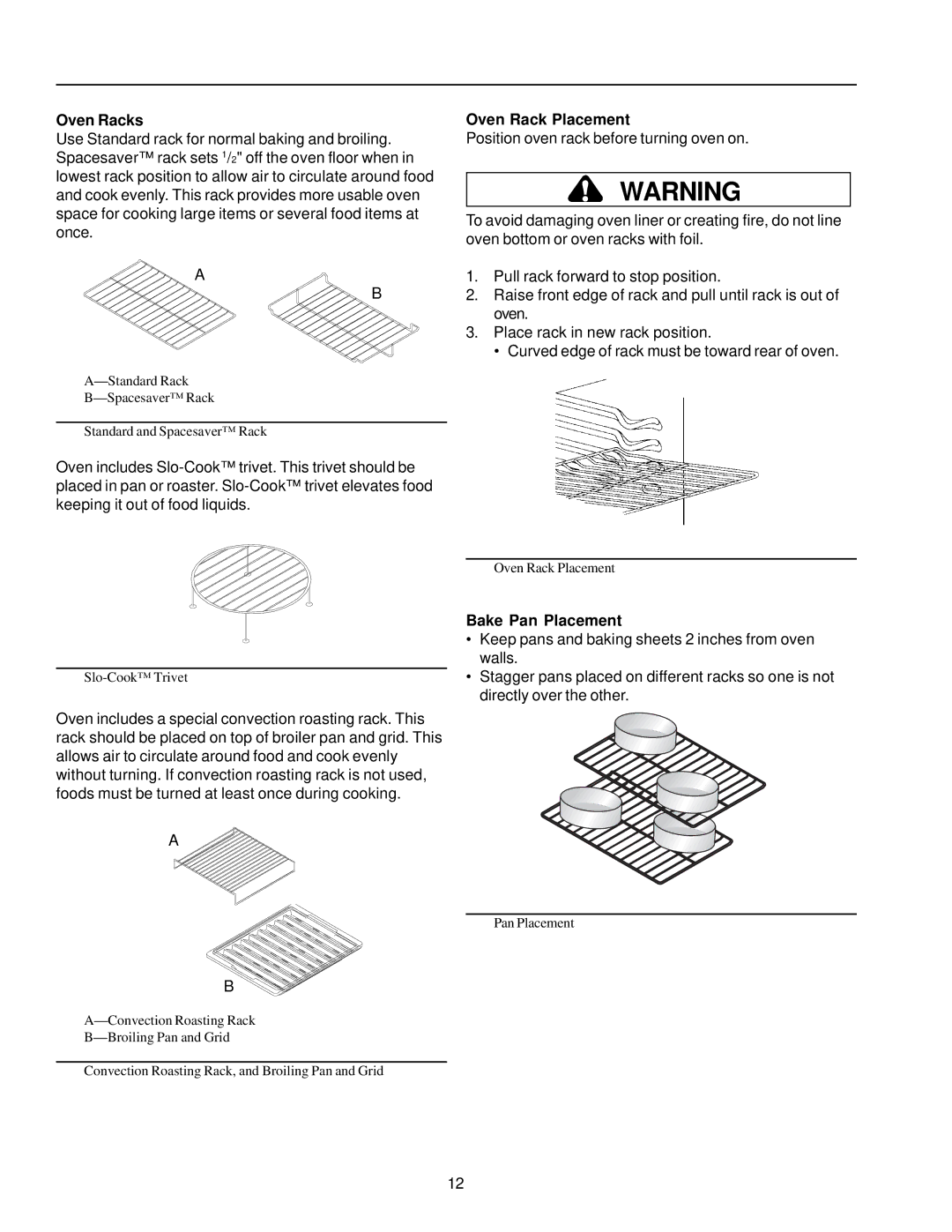 Amana AOCS2740 owner manual Oven Racks, Oven Rack Placement, Bake Pan Placement 