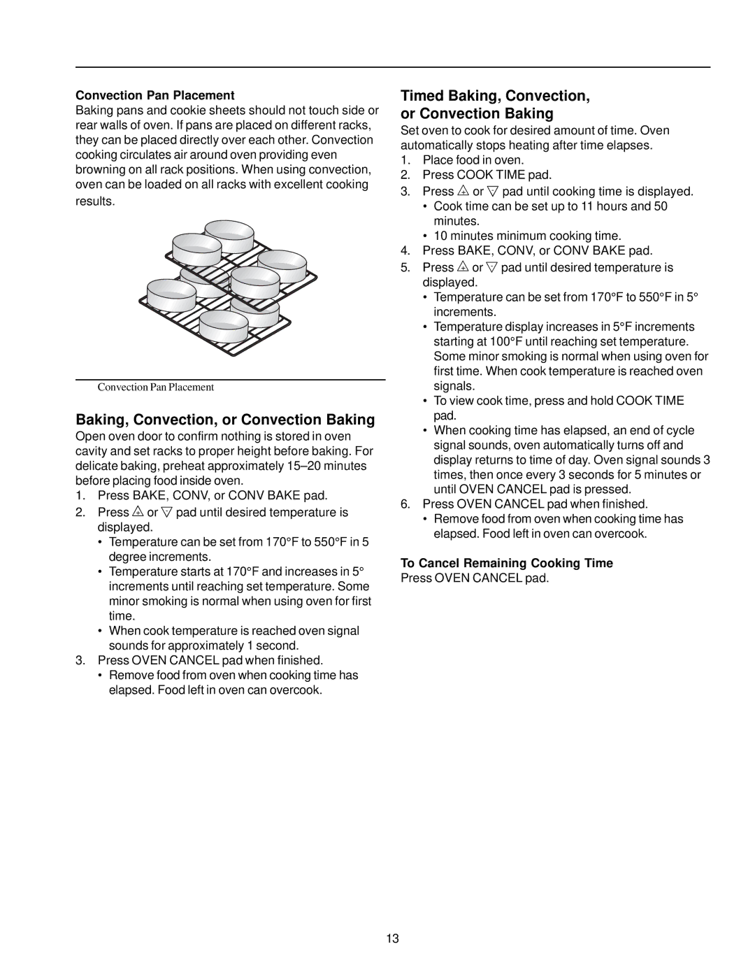 Amana AOCS2740 owner manual Timed Baking, Convection, or Convection Baking, Convection Pan Placement 