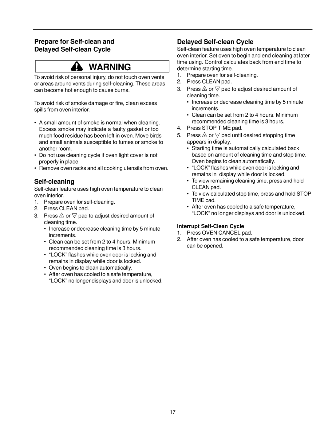 Amana AOCS2740 owner manual Prepare for Self-clean Delayed Self-clean Cycle, Self-cleaning, Interrupt Self-Clean Cycle 