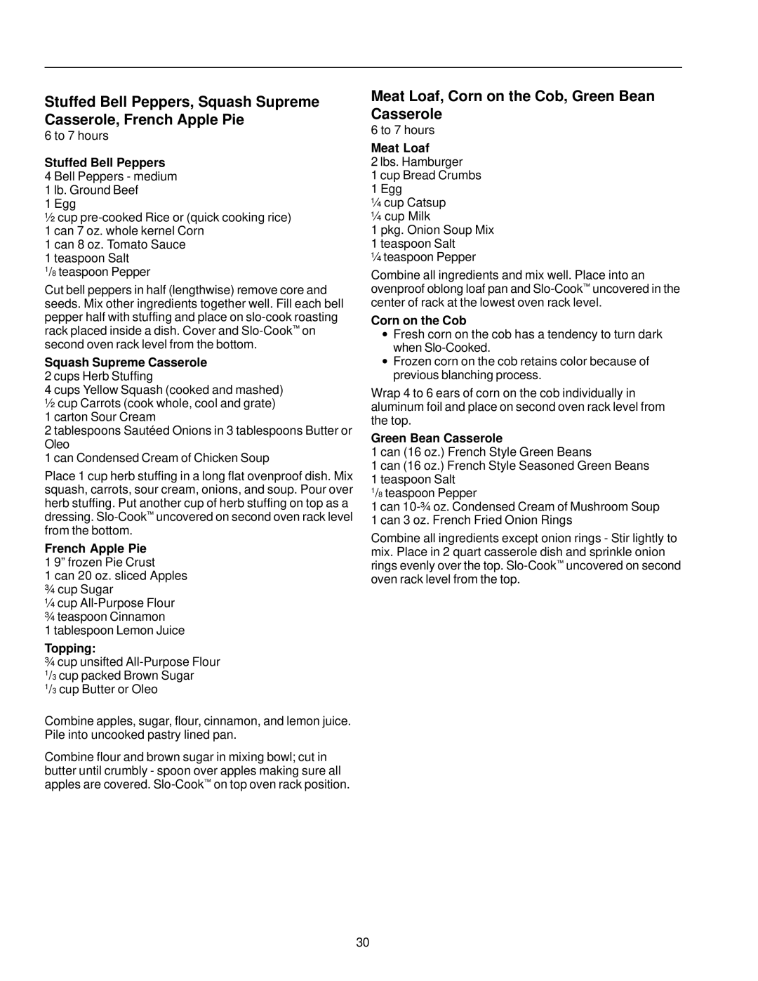 Amana AOCS2740 owner manual Meat Loaf, Corn on the Cob, Green Bean Casserole 