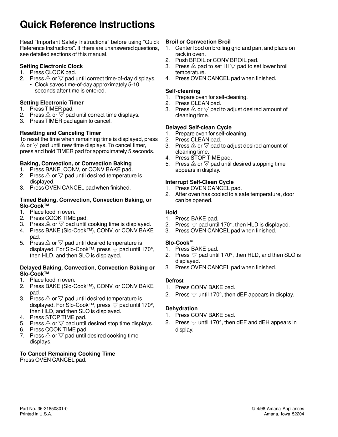 Amana AOCS2740 owner manual Quick Reference Instructions 