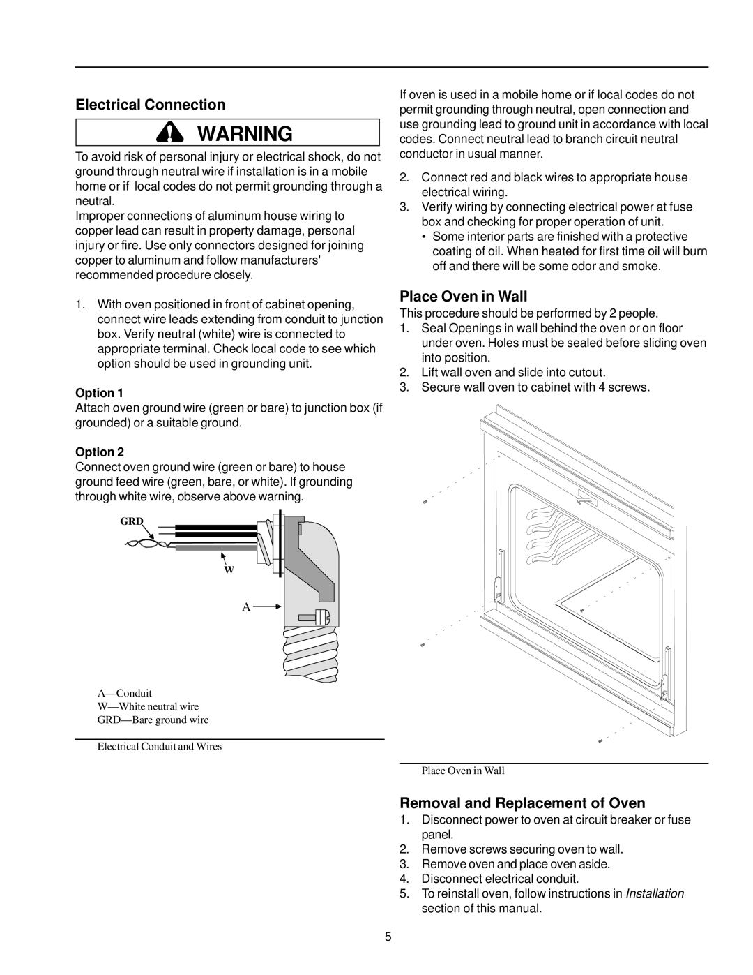 Amana AOCS2740 owner manual Electrical Connection, Place Oven in Wall, Removal and Replacement of Oven, Option 