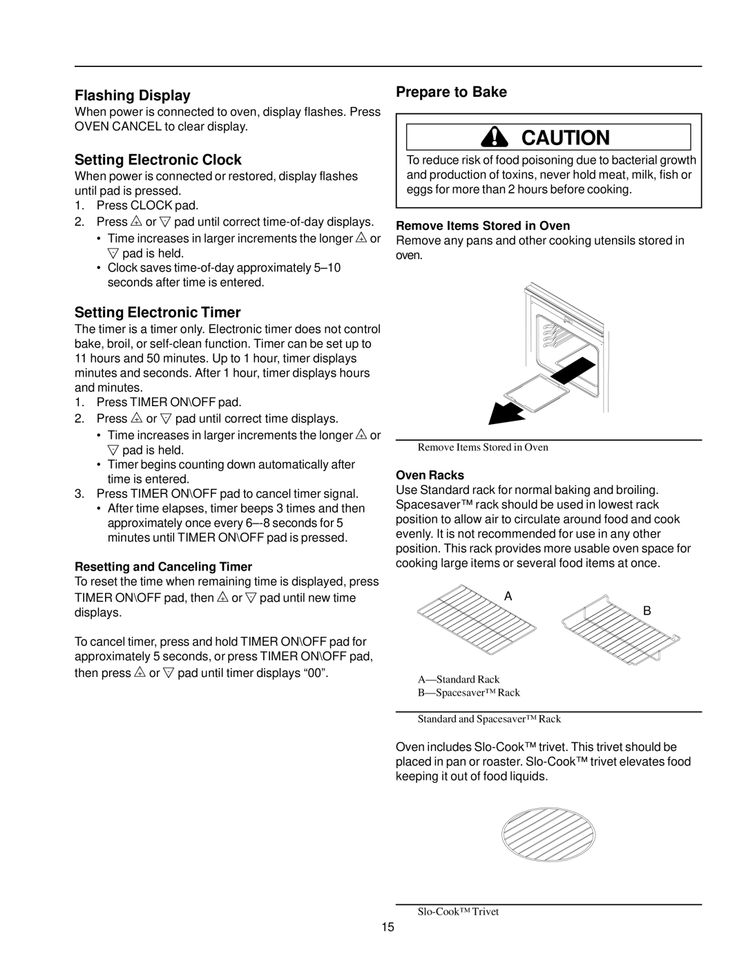 Amana AOCS3040 owner manual Flashing Display, Setting Electronic Clock, Setting Electronic Timer, Prepare to Bake 