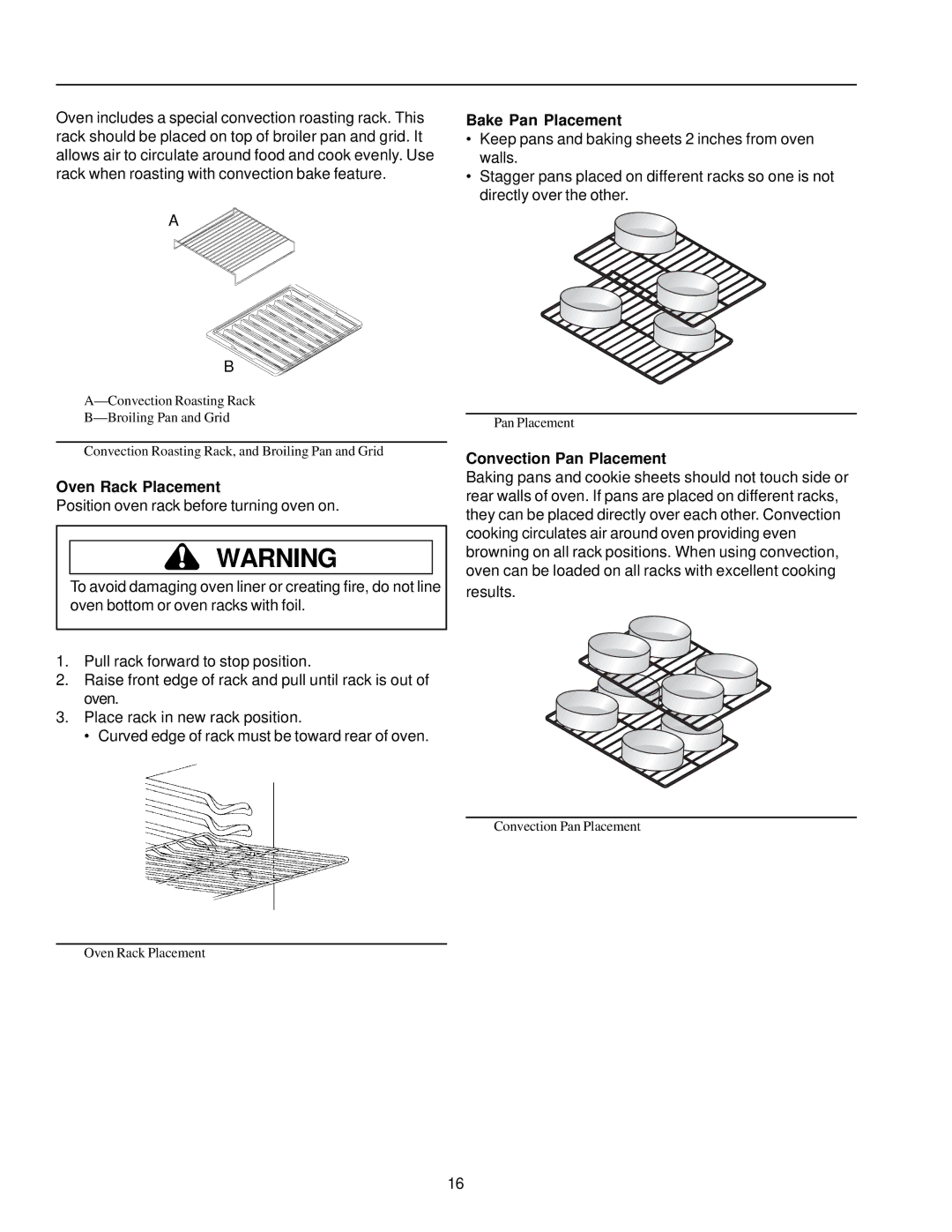 Amana AOCS3040 owner manual Oven Rack Placement, Bake Pan Placement, Convection Pan Placement 