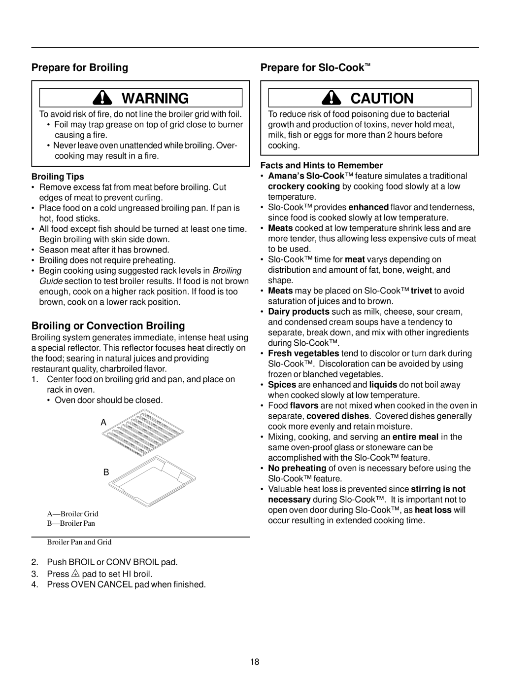 Amana AOCS3040 Prepare for Broiling, Broiling or Convection Broiling, Broiling Tips, Facts and Hints to Remember 