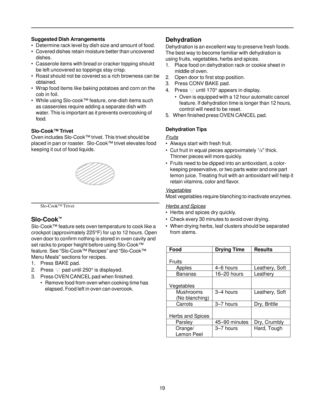 Amana AOCS3040 owner manual Slo-Cook, Dehydration 