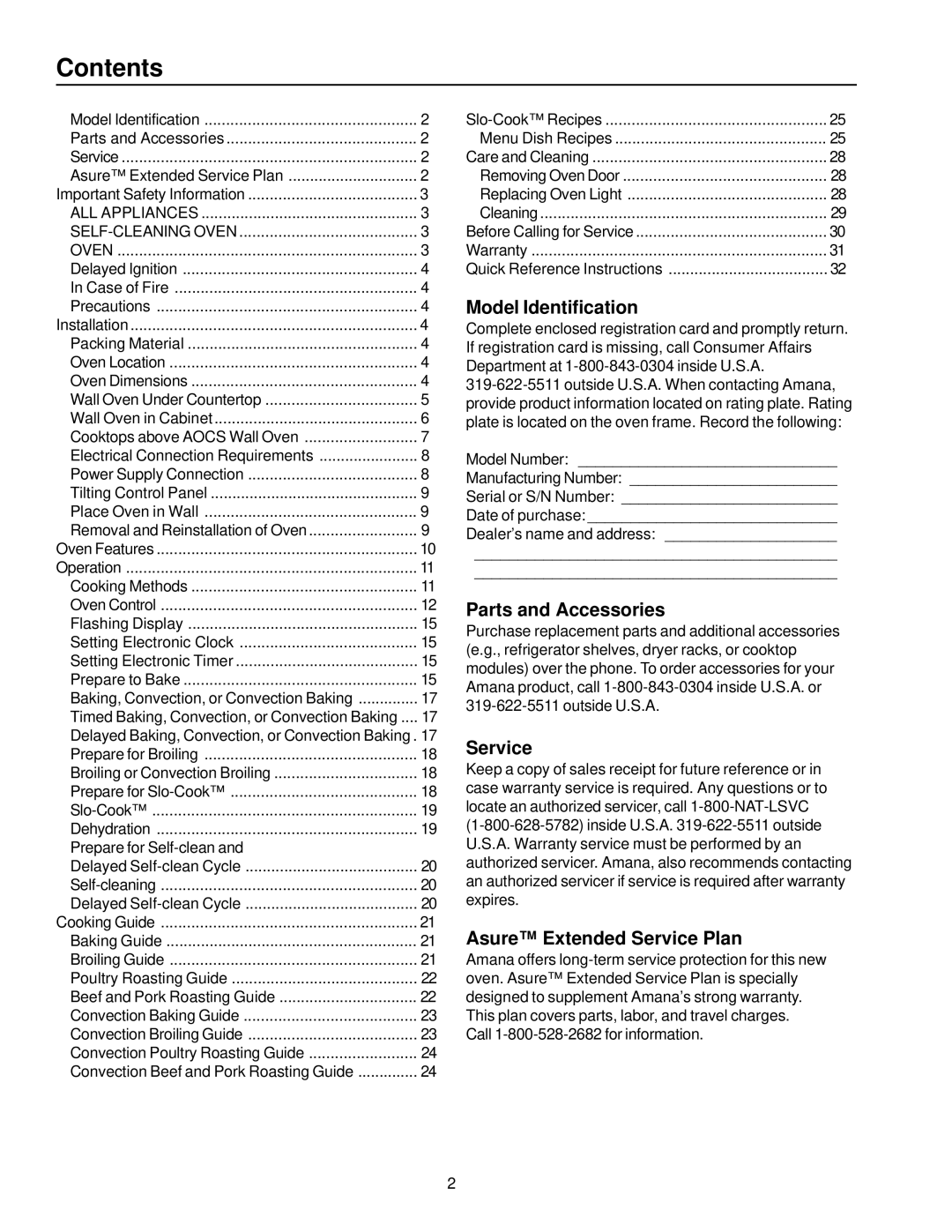 Amana AOCS3040 owner manual Contents 