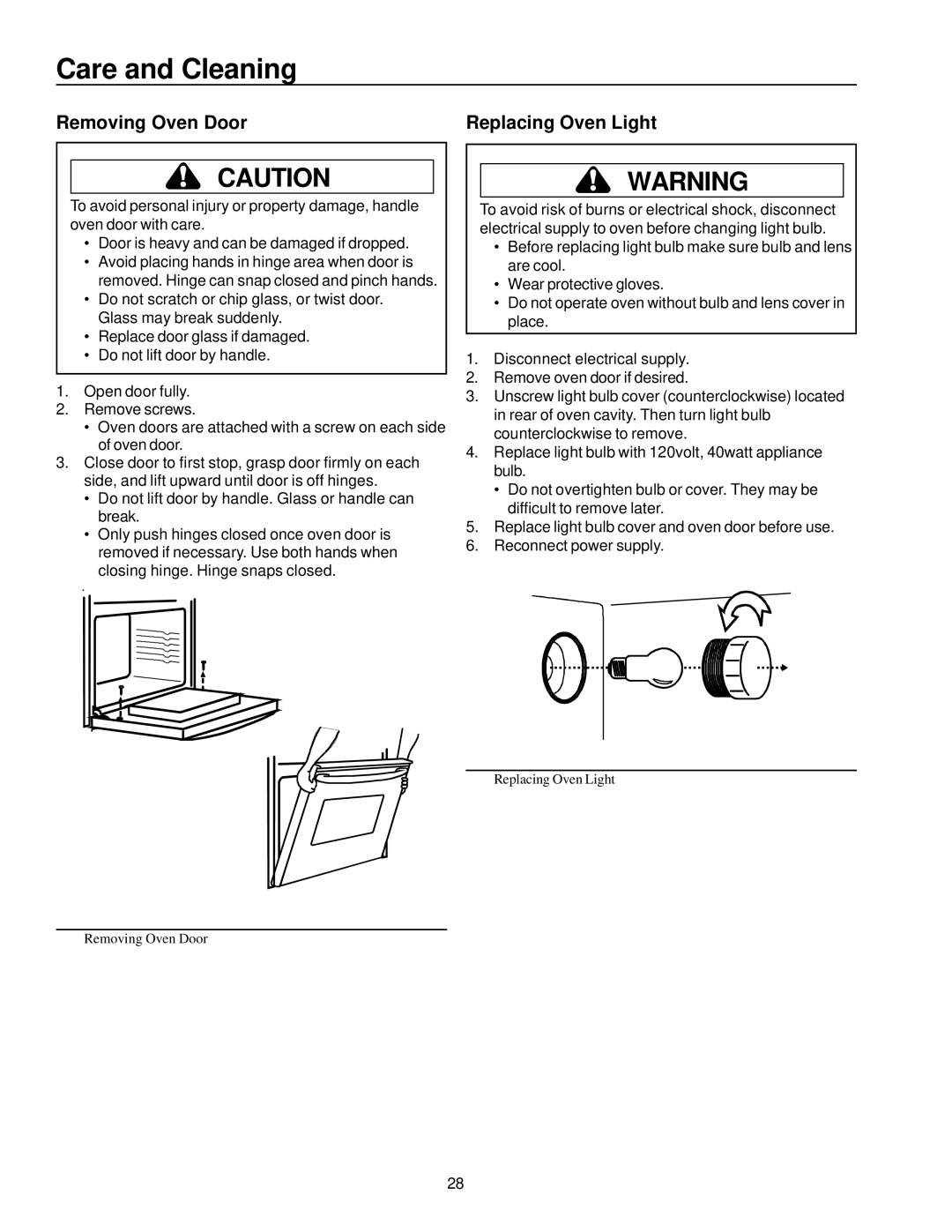 Amana AOCS3040 owner manual Care and Cleaning, Removing Oven Door Replacing Oven Light 