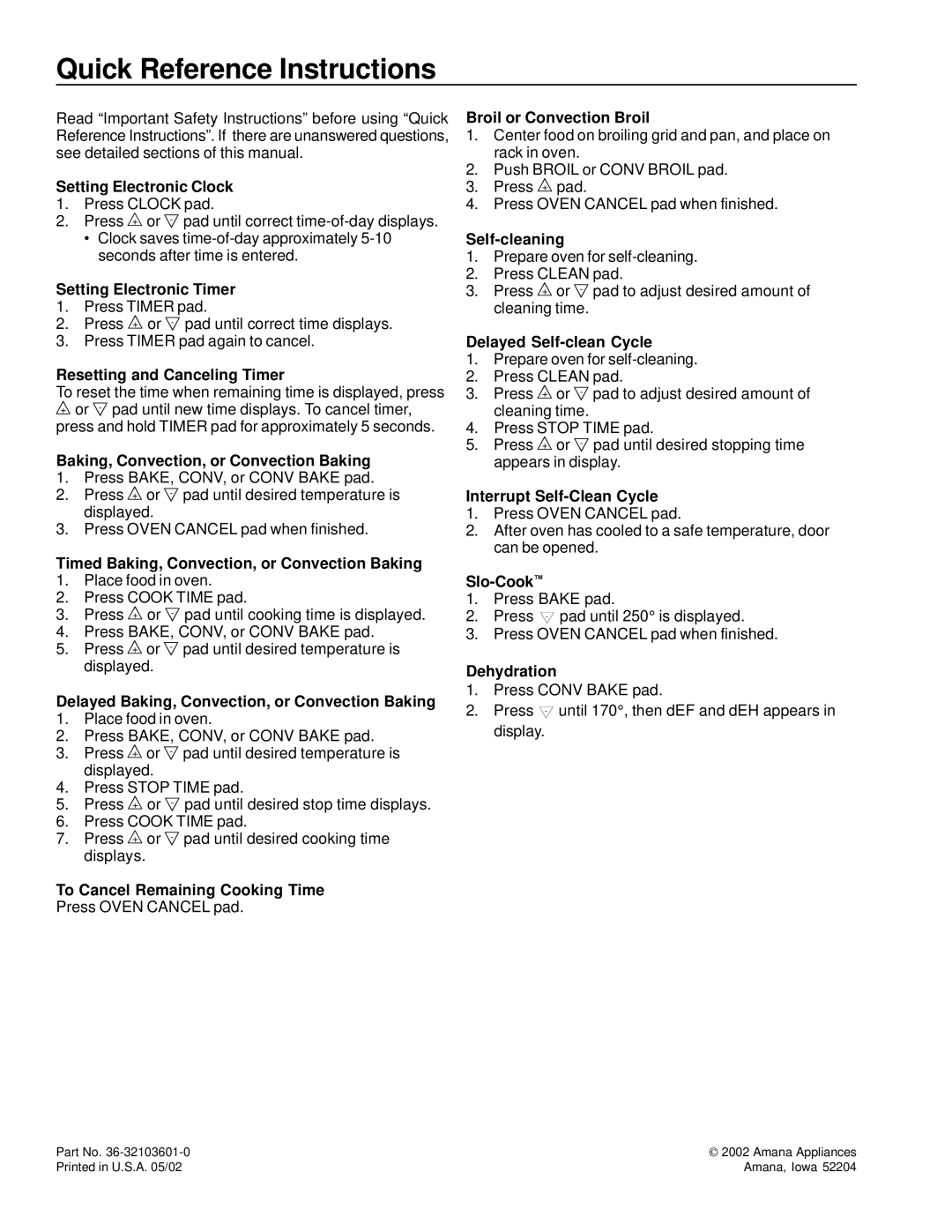 Amana AOCS3040 owner manual Quick Reference Instructions 