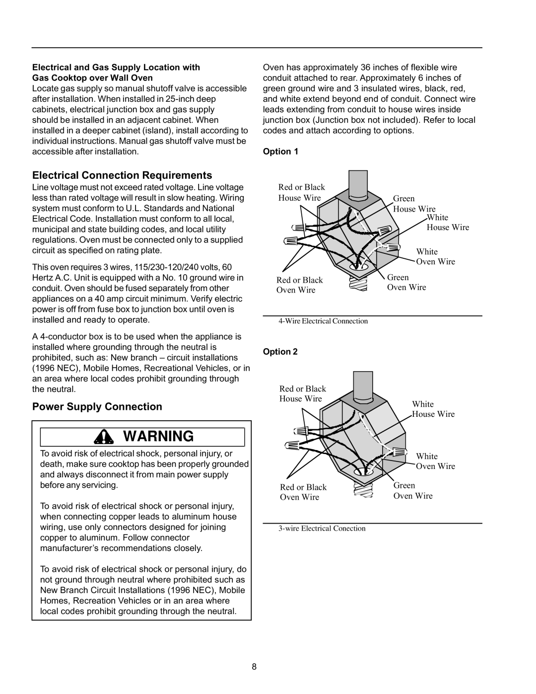 Amana AOCS3040 owner manual Electrical Connection Requirements 