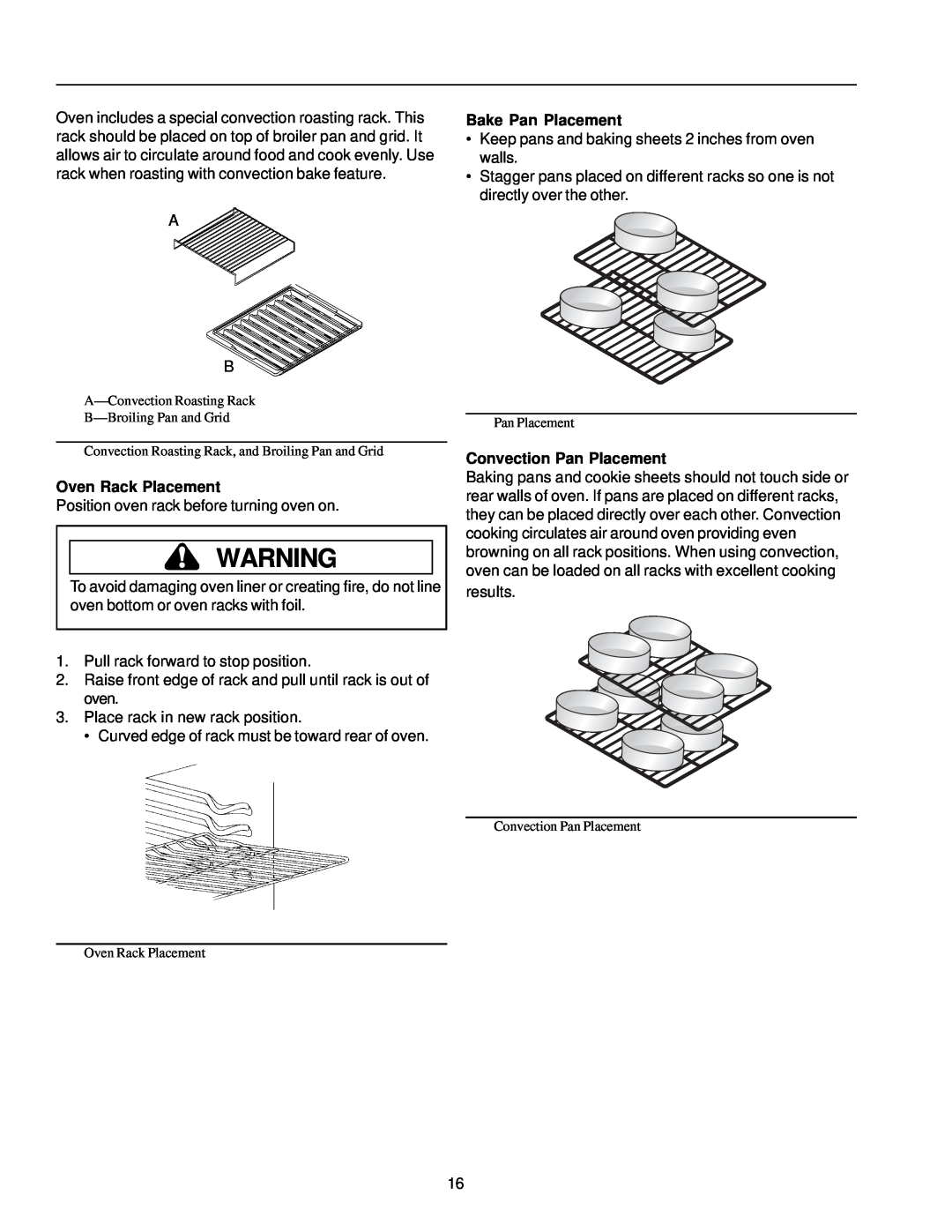 Amana AOCS3040 owner manual Oven Rack Placement, Bake Pan Placement, Convection Pan Placement 