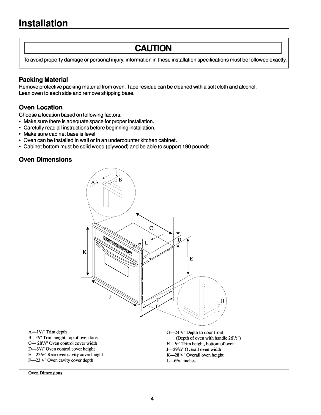 Amana AOCS3040 owner manual Installation, Packing Material, Oven Location, Oven Dimensions 