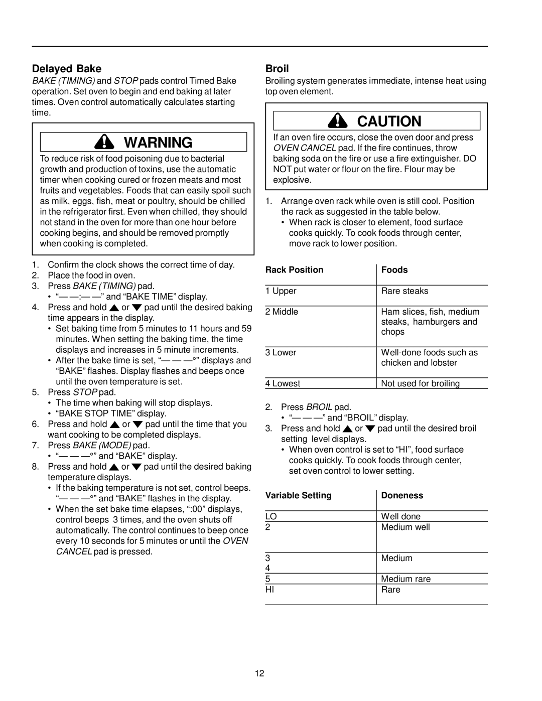 Amana AOES2430 owner manual Delayed Bake, Broil, Rack Position Foods, Variable Setting Doneness 