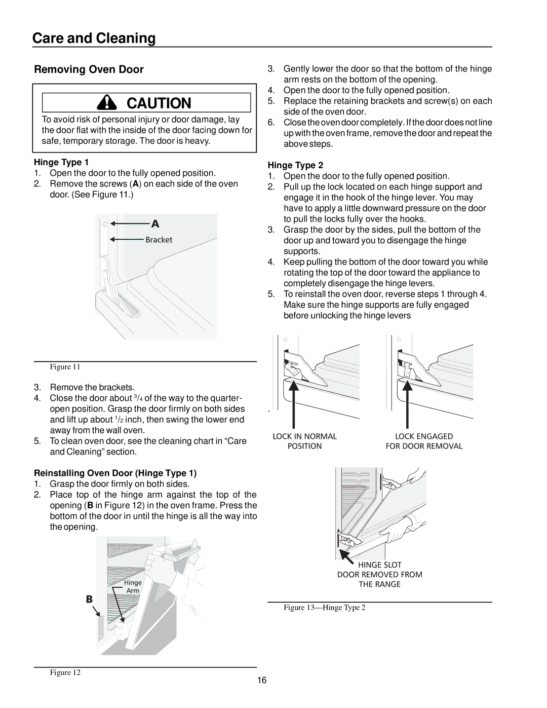 Amana AOES2430 owner manual Removing Oven Door, Reinstalling Oven Door Hinge Type 