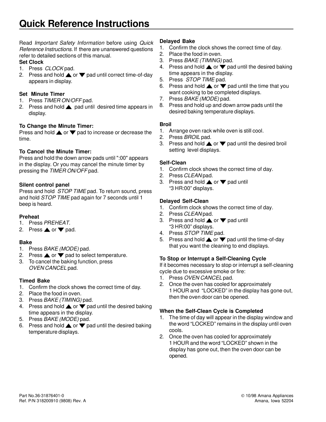 Amana AOES2430 owner manual Quick Reference Instructions 