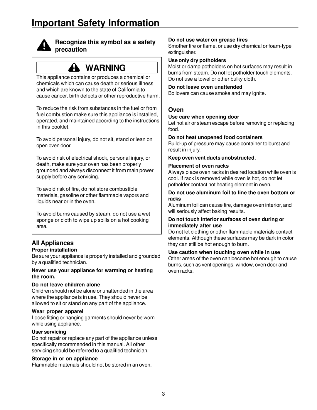 Amana AOES2430 Important Safety Information, Recognize this symbol as a safety precaution, All Appliances, Oven 