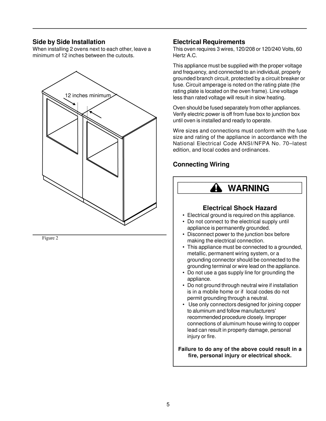 Amana AOES2430 owner manual Side by Side Installation, Electrical Requirements, Connecting Wiring Electrical Shock Hazard 