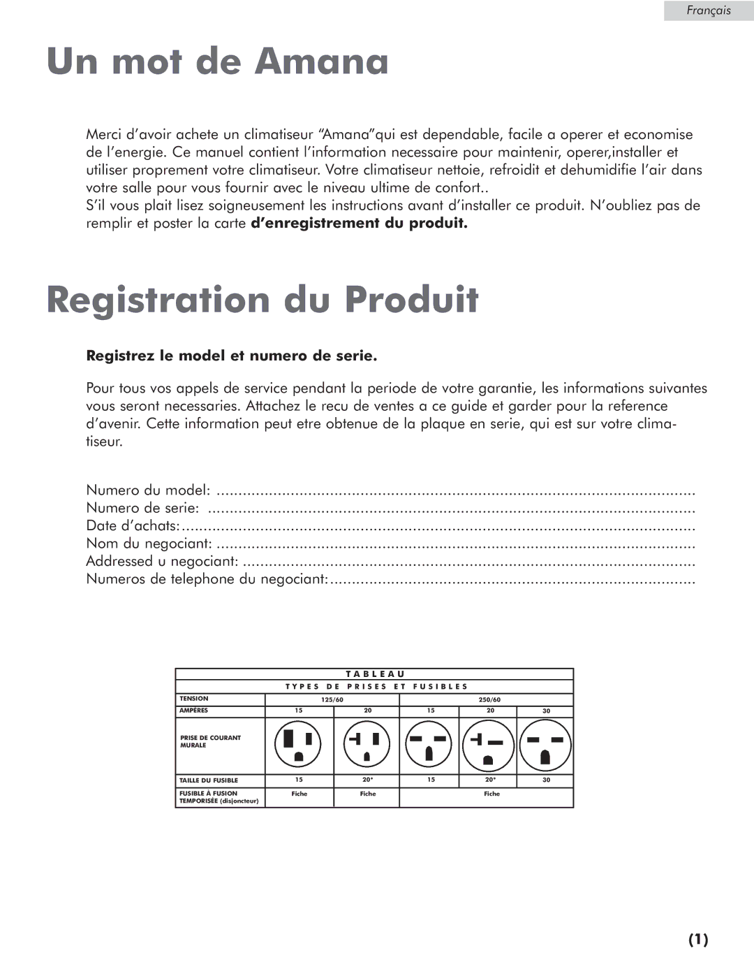 Amana AP076E manual Un mot de Amana, Registration du Produit, Registrez le model et numero de serie 