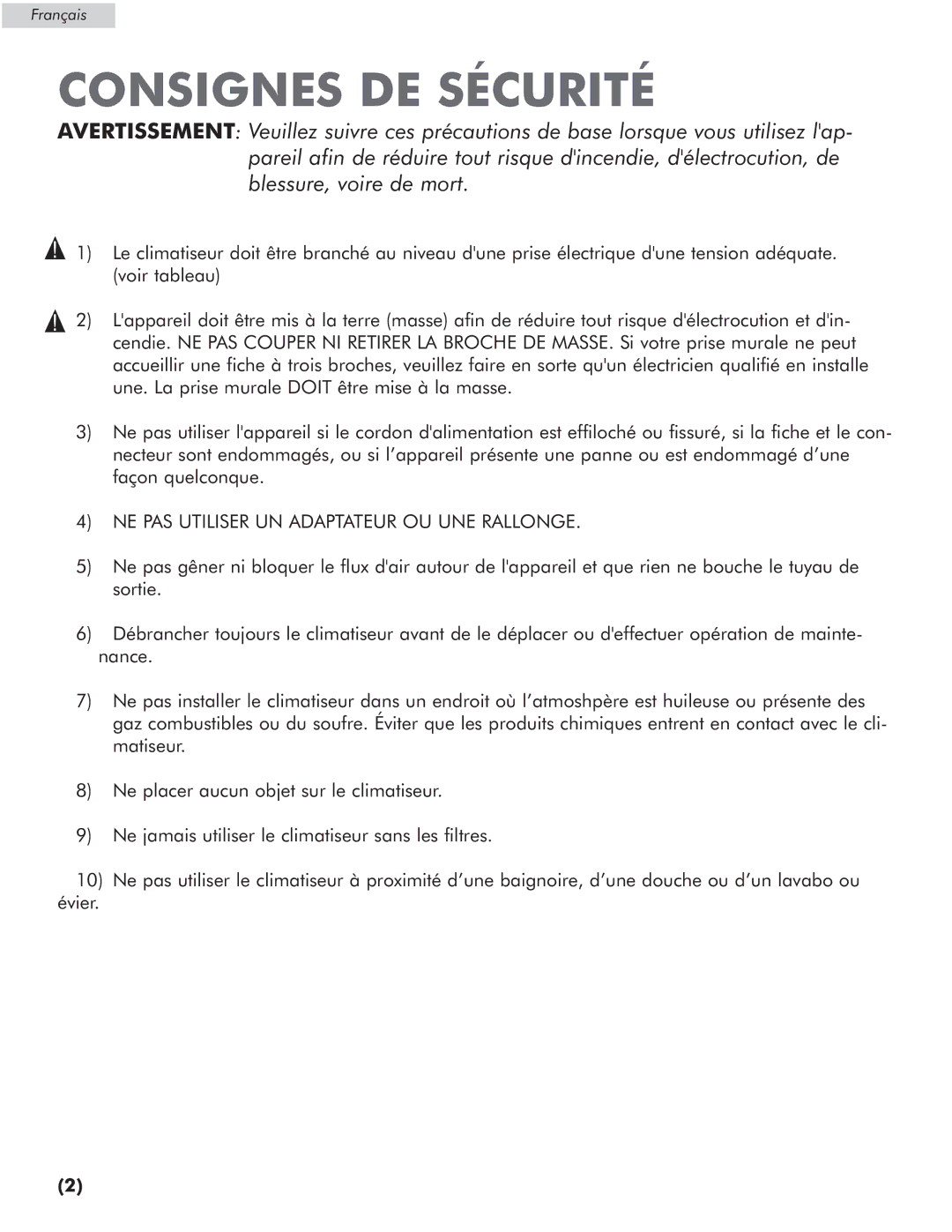 Amana AP076E manual Consignes DE Sécurité, NE PAS Utiliser UN Adaptateur OU UNE Rallonge 