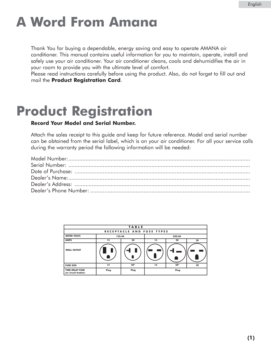 Amana AP076E manual Word From Amana, Product Registration, Record Your Model and Serial Number 