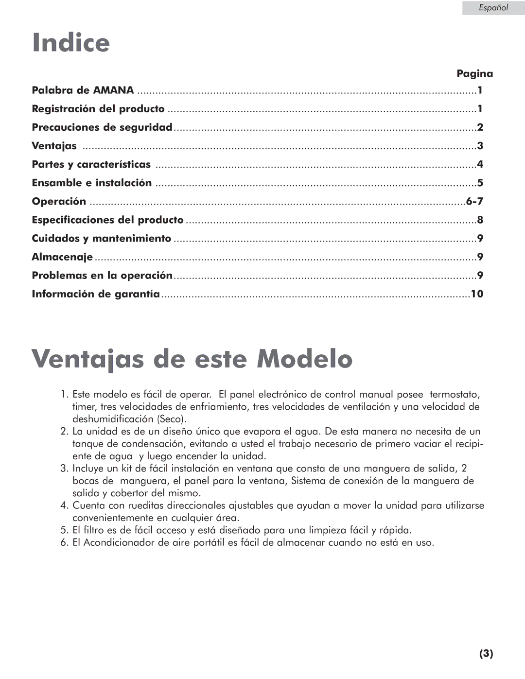 Amana AP076E manual Indice, Ventajas de este Modelo, Pagina 