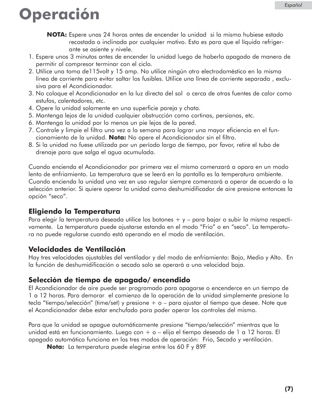 Amana AP076E Operación, Eligiendo la Temperatura, Velocidades de Ventilación, Selección de tiempo de apagado/ encendido 