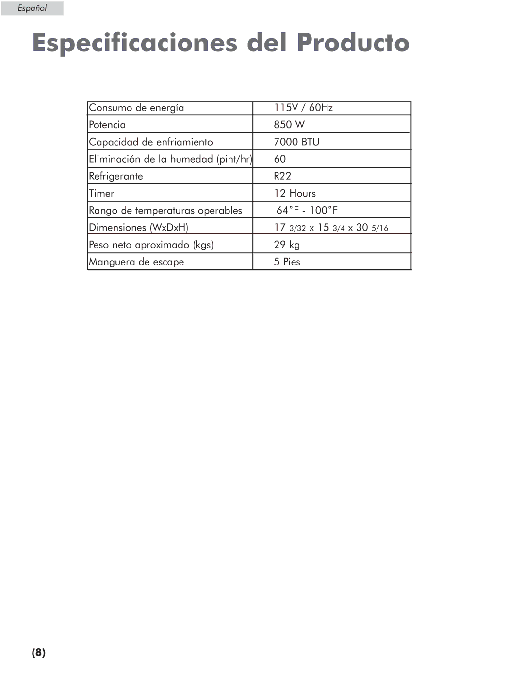 Amana AP076E manual Especificaciones del Producto 