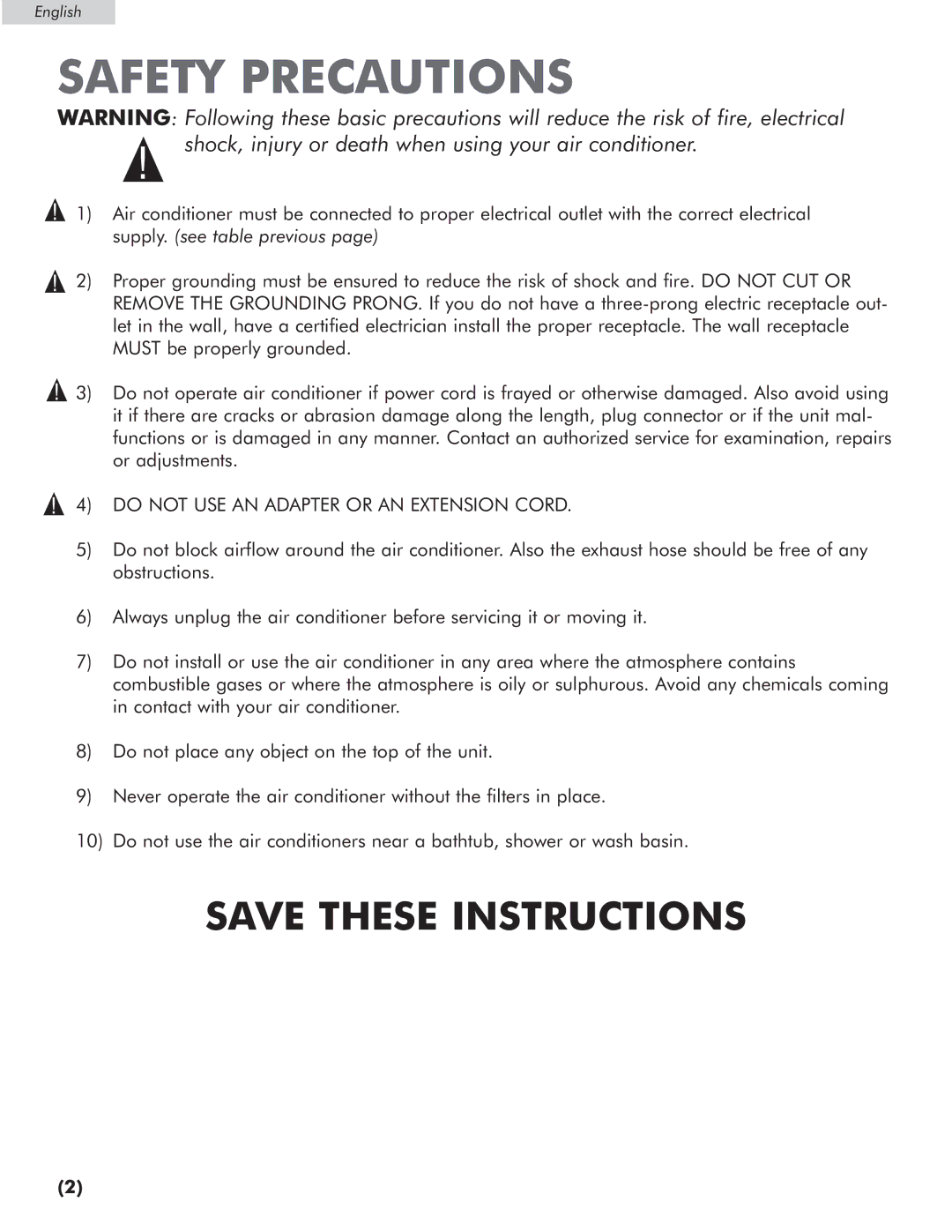 Amana AP076E manual Safety Precautions, Do not USE AN Adapter or AN Extension Cord 