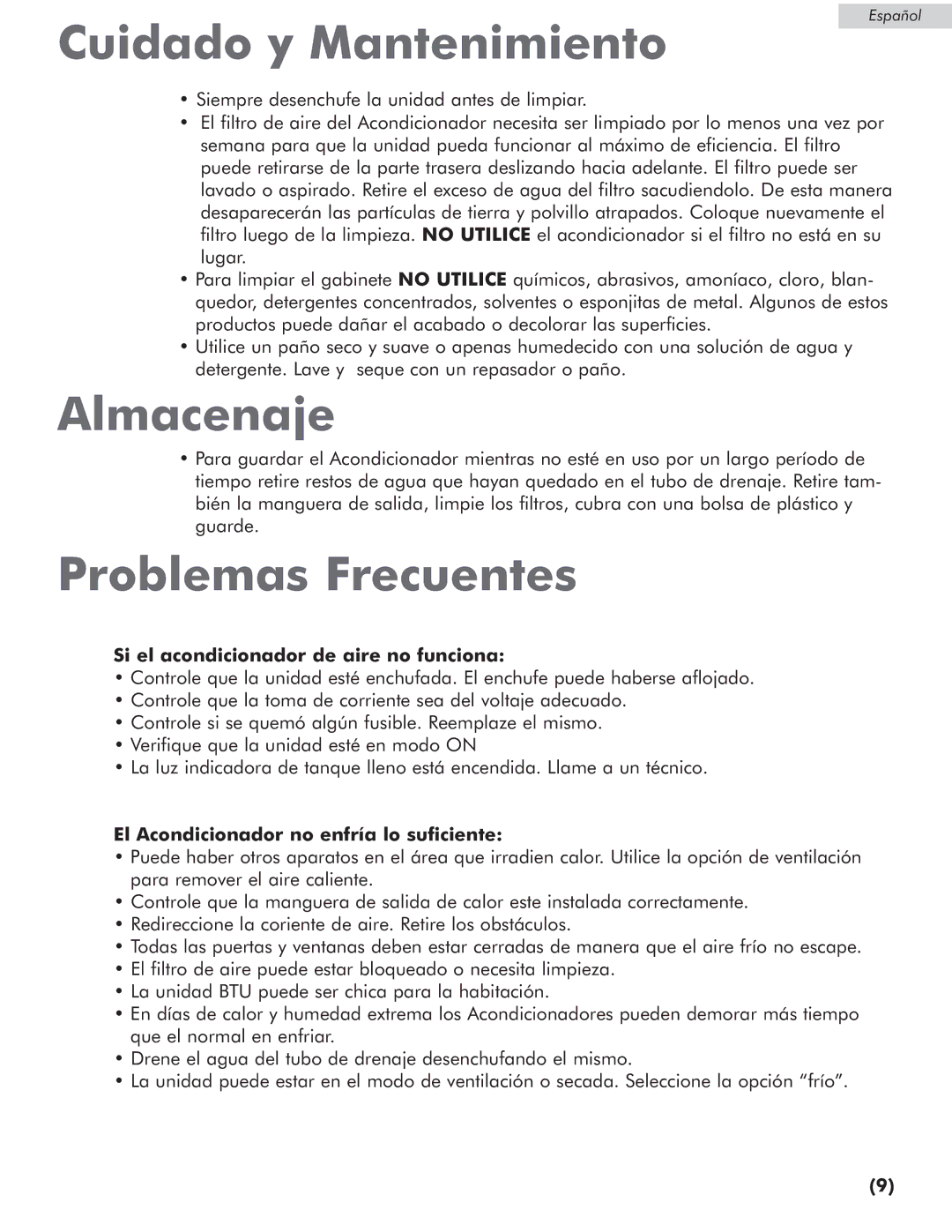 Amana AP076E manual Cuidado y Mantenimiento, Almacenaje, Problemas Frecuentes, Si el acondicionador de aire no funciona 