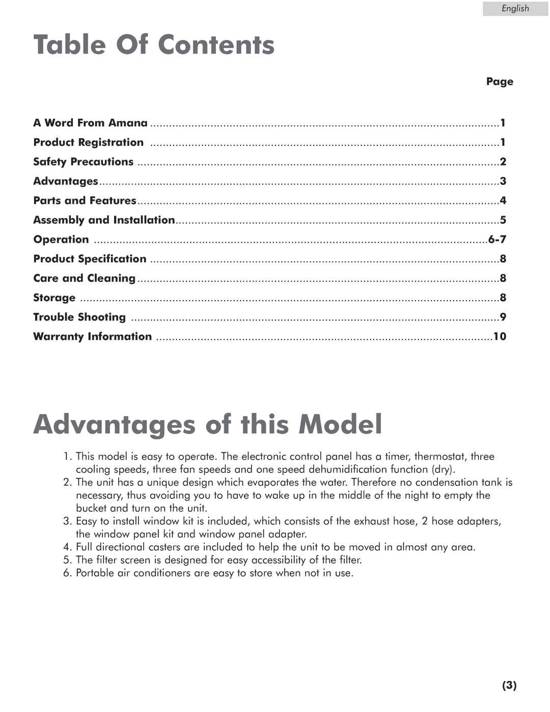 Amana AP076E manual Table Of Contents, Advantages of this Model 