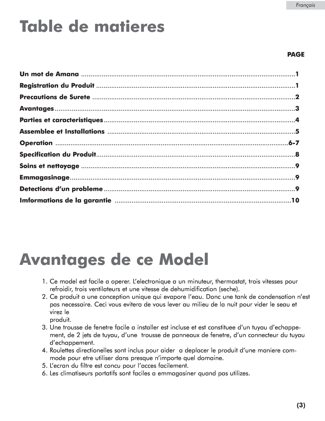 Amana AP076E manual Table de matieres, Avantages de ce Model 