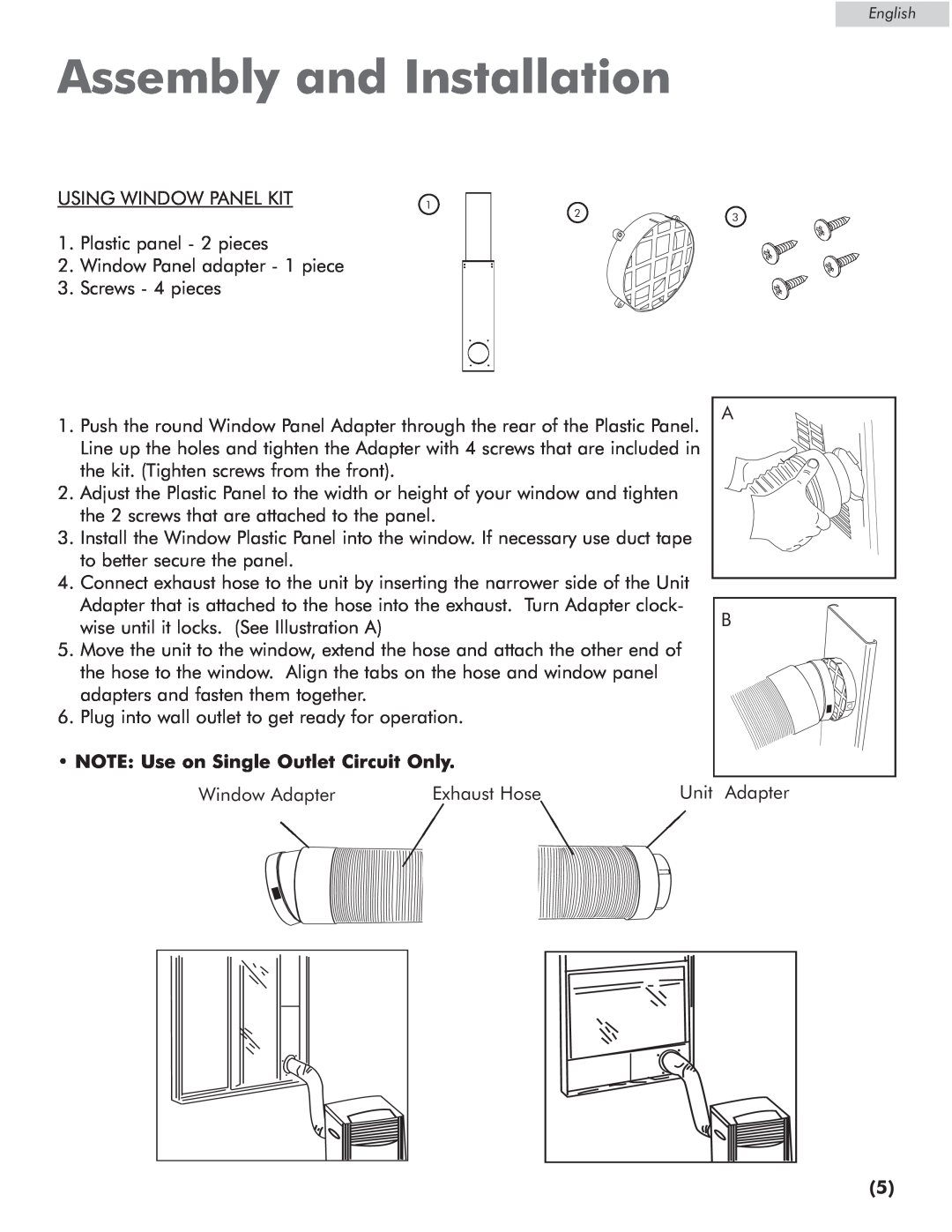 Amana AP076E manual Assembly and Installation, NOTE Use on Single Outlet Circuit Only 