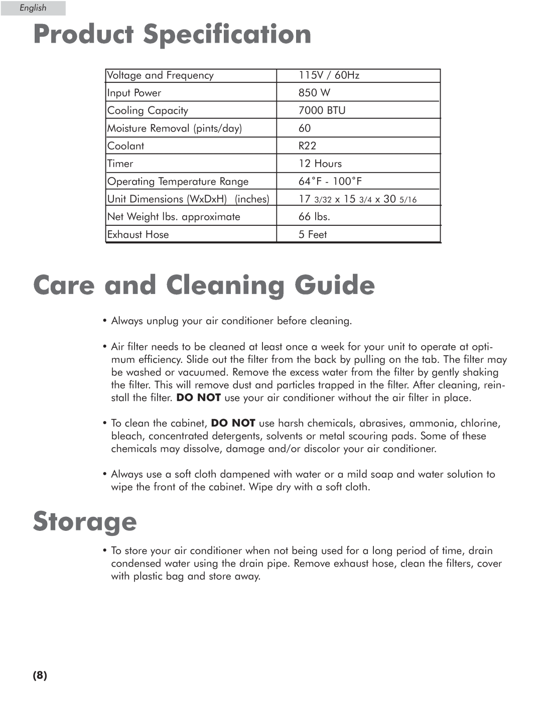 Amana AP076E manual Product Specification, Care and Cleaning Guide, Storage 