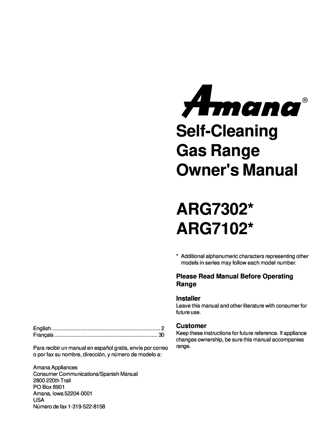 Amana ARG7302 manual Please Read Manual Before Operating Range Installer, Customer 