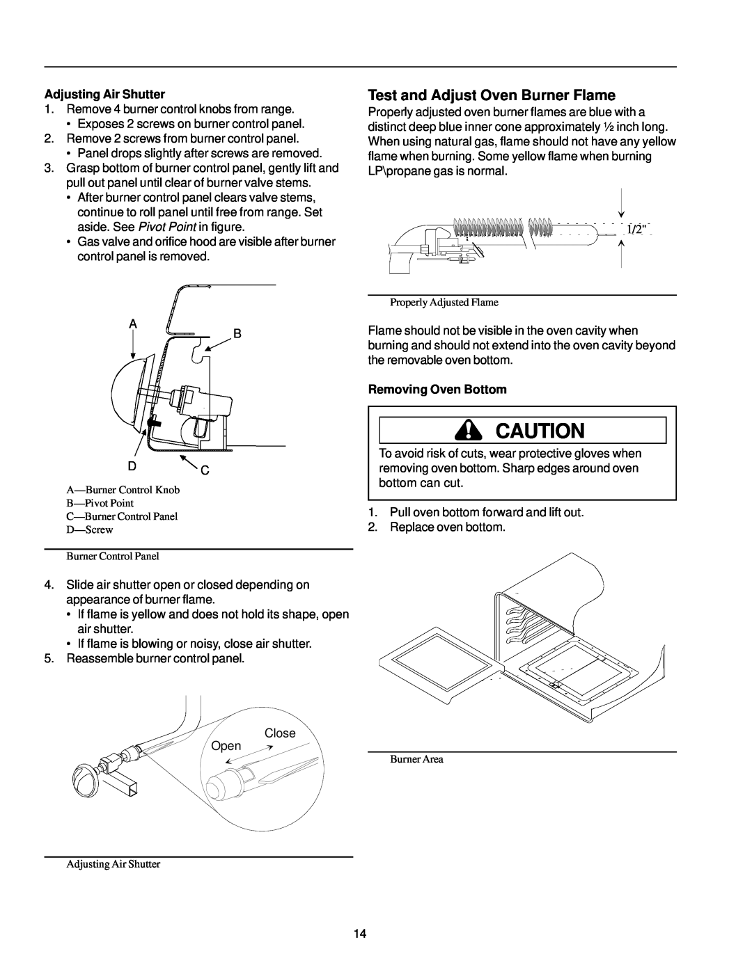 Amana ARG7302 manual Test and Adjust Oven Burner Flame, Adjusting Air Shutter, Removing Oven Bottom 