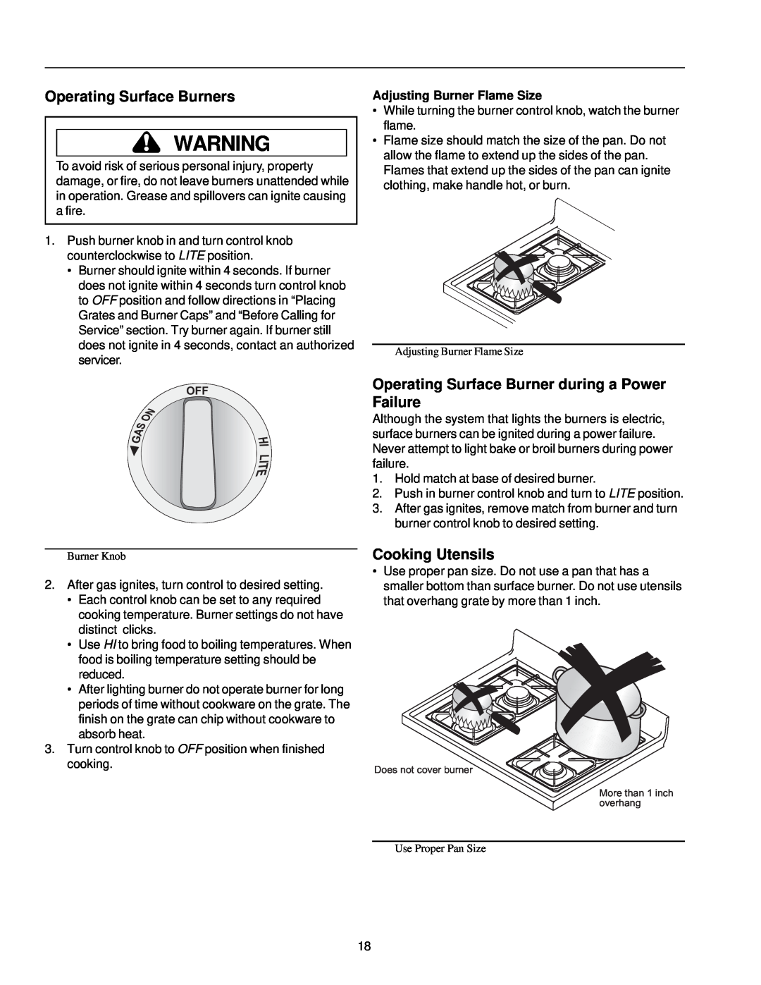 Amana ARG7302 manual Operating Surface Burners, Operating Surface Burner during a Power Failure, Cooking Utensils 