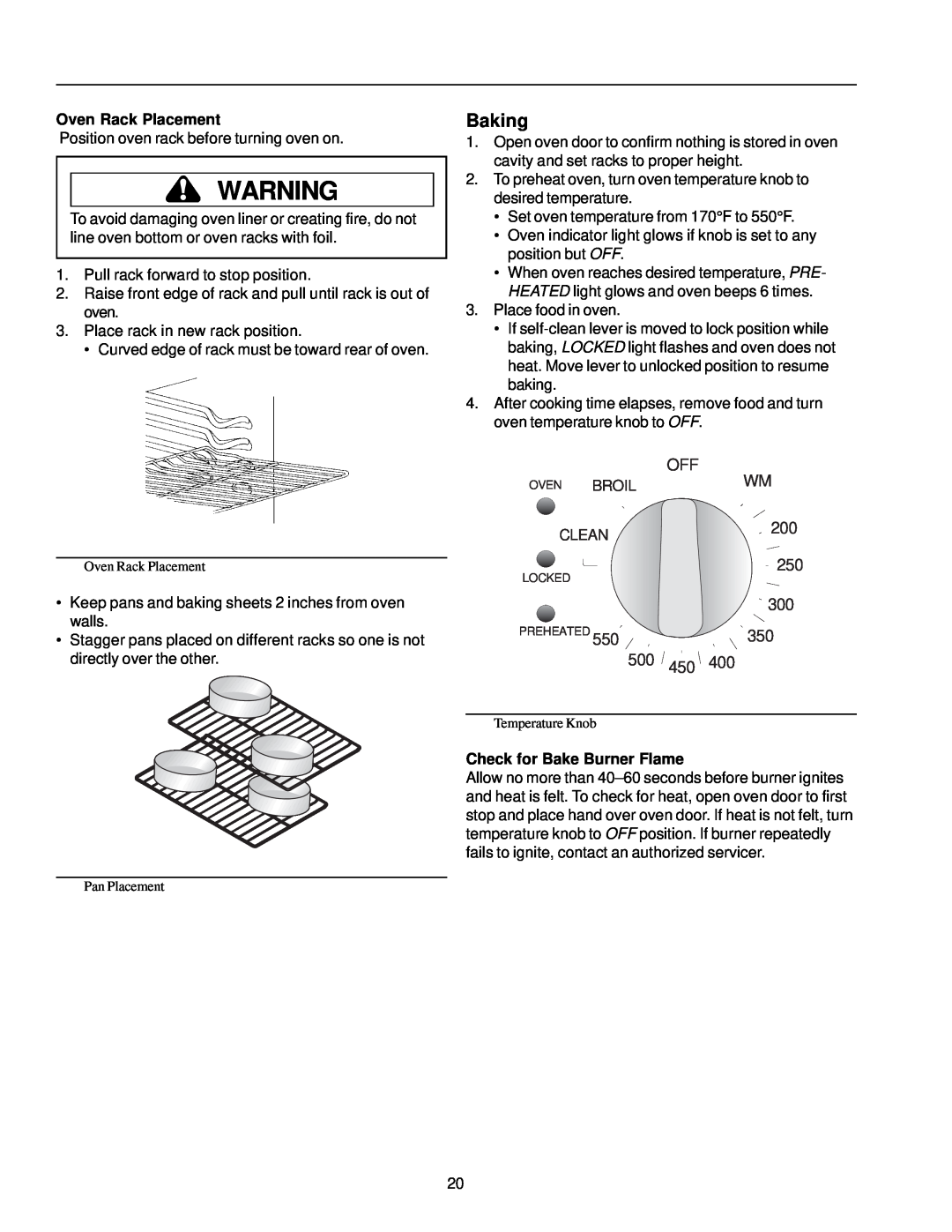 Amana ARG7302 manual Baking, Oven Rack Placement, Check for Bake Burner Flame 